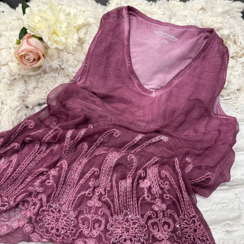 Soft Surroundings Top Crochet Silk Romantic Sequin Embellished Tunic Blouse Sz S